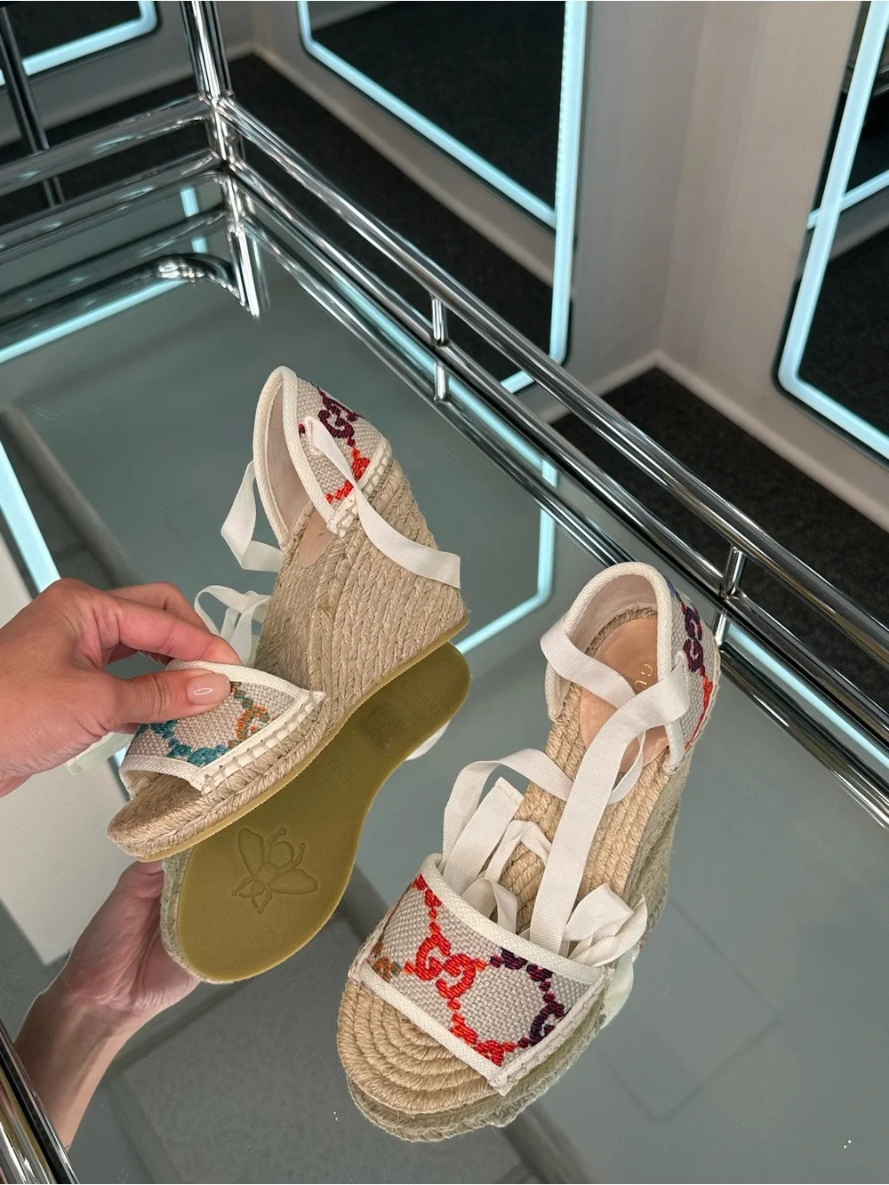 Gucci GG Multicolor Linen Espadrille Wedge